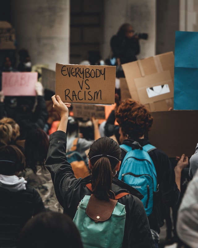 Image of the back of protesters with sign saying 'Everybody vs Racism'